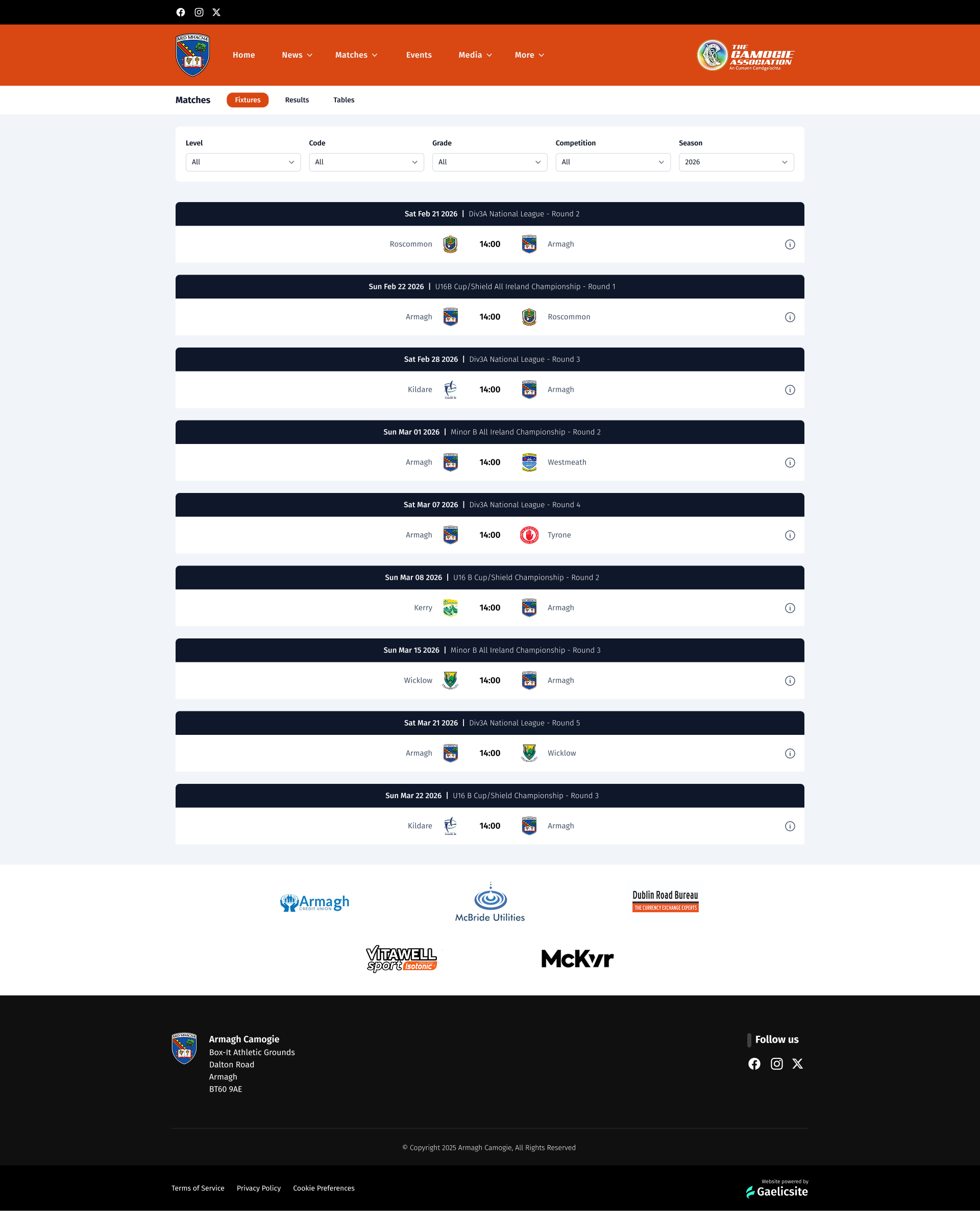 Match centre with fixtures and results